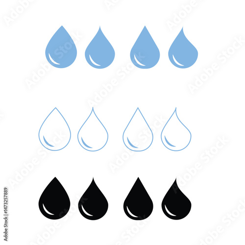 Water drops icons set. Water drop shape. Blue and black water drops. Vector scalable graphics.