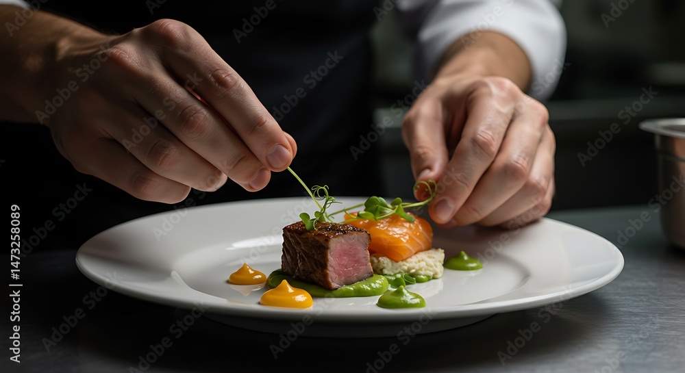 Chef plating gourmet dish with tuna and microgreens for culinary presentation and food styling art Chef plating gourmet dish with tuna and microgreens for culinary presentation and food styling art