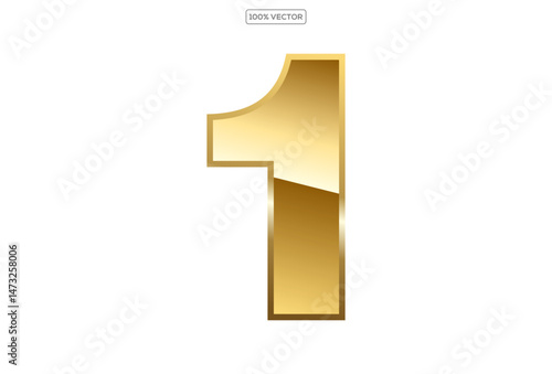  Gold numbers 1 with endings made of golden ribbons isolated on transparent background. Vector decorative design elements template