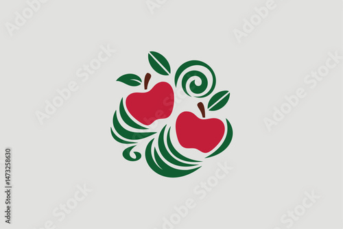 Two red apples with green leaves and swirls simple minimalist fruit illustration