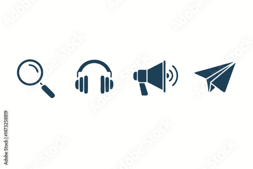 Simple icon set featuring a magnifying glass, headphones, megaphone, and paper airplane design