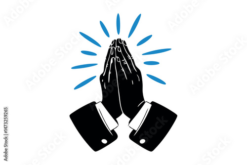 Praying hands graphic with shining rays illustrating prayer and religious belief