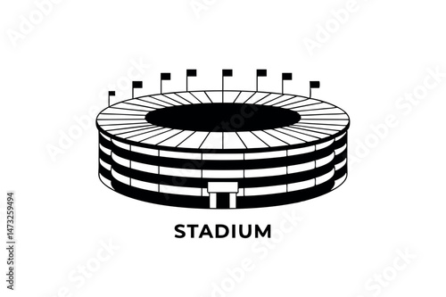 Simple black and white vector illustration of a modern stadium with flags and text