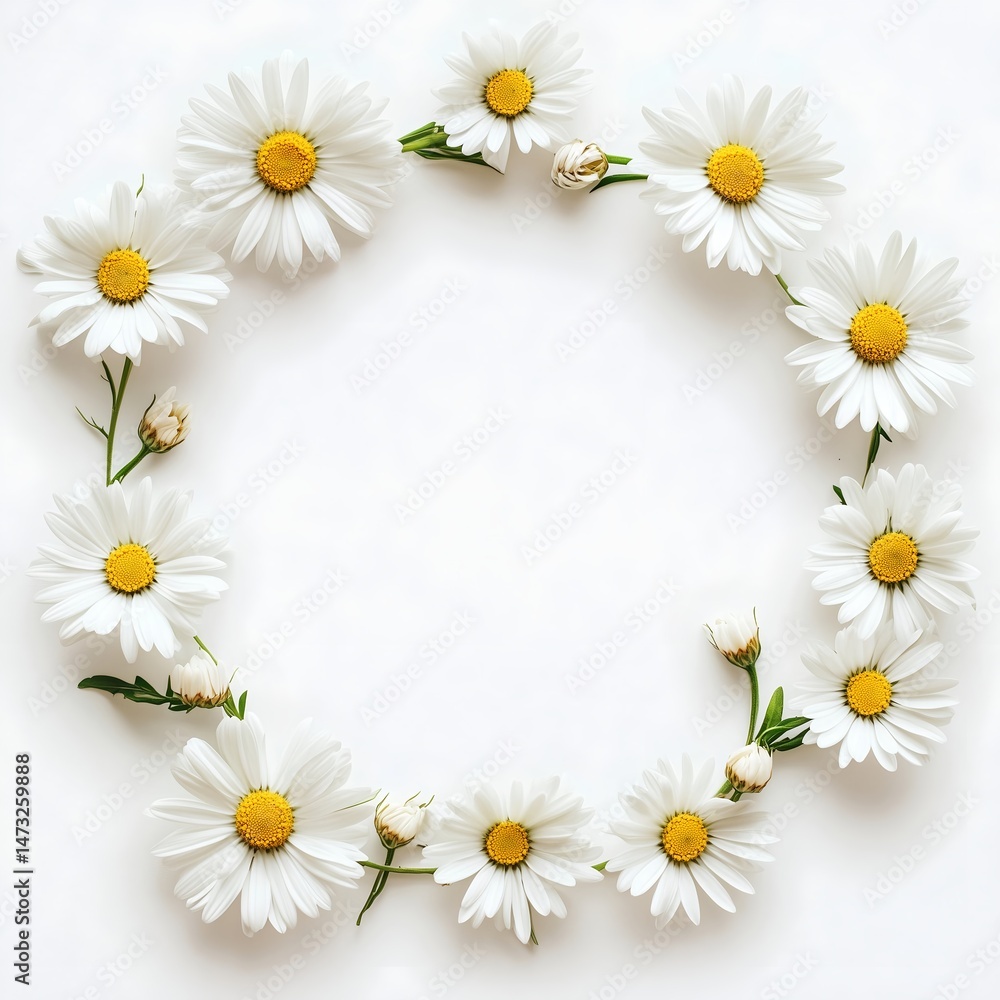 Obraz premium Daisies Floral Arrangement Wreath: Nature-Inspired White Flowers with Yellow Centers and Green Leaves for Seasonal Spring Decor