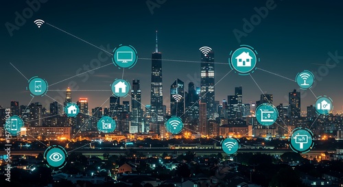 Fototapeta Naklejka Na Ścianę i Meble -  Smart city technology concept with iot and digital network connections over cityscape at night