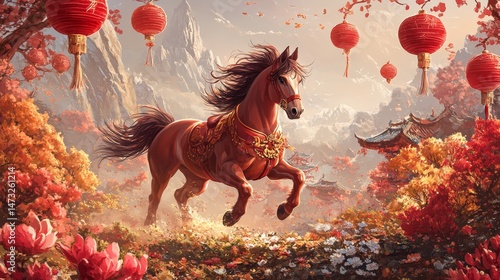 Create a vibrant scene for Chinese New Year featuring the Shio Horse, galloping through a festive landscape adorned with traditional decorations like red lanterns and blooming flowers