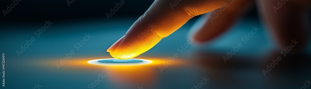 Seamless Interaction Through Touch-Sensitive Surfaces, A finger hovering over a glowing circular touch interface in a dimly lit environment.