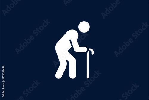 Silhouette icon of an elderly person walking with a cane on a dark blue background