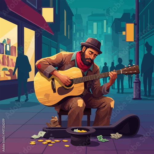 Man Playing Guitar on City Street Asking for Money Illustration