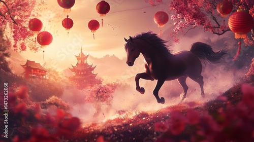 Create a vibrant scene for Chinese New Year featuring the Shio Horse, galloping through a festive landscape adorned with traditional decorations like red lanterns and blooming flowers