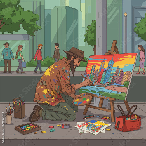 Artist Painting Cityscape on Sidewalk with People Walking by