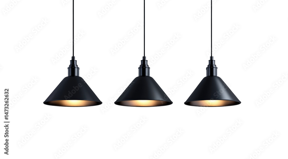 Three black cone-shaped pendant lights illuminate Three black cone-shaped pendant lights illuminate