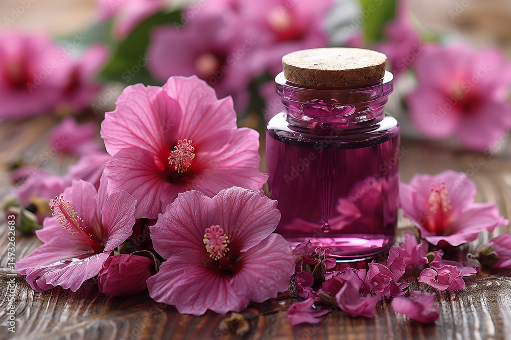 realistic photography of Hibiscus , Vibrant red petals used for lowering blood pressure. with an aromatherapy essential oil dropper bottle, realistic photography of Hibiscus , Vibrant red petals used for lowering blood pressure. with an aromatherapy essential oil dropper bottle,