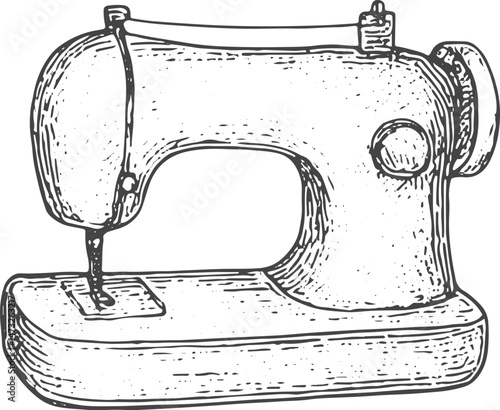 Vintage sewing machine illustration, a classic tailor tool for stitching fabric, perfect for dressmaking and crafting projects, in a detailed sketch style on a white background