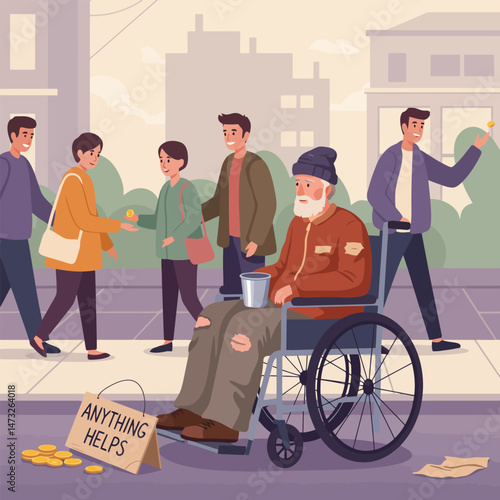 People Giving Money to Homeless Person in Wheelchair on Street