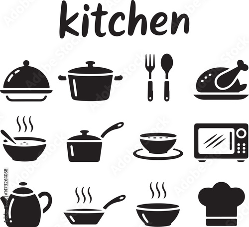 Essential Kitchen Tools Silhouette Set

Modern Chef Cooking in Kitchen Vector

Minimalist Kitchen Utensils Illustration

Silhouette of Home Kitchen Interior

Baking and Cooking Utensil Design