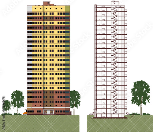 vector illustration sketch drawing design engineering architecture construction building hotel apartment building skyscraper