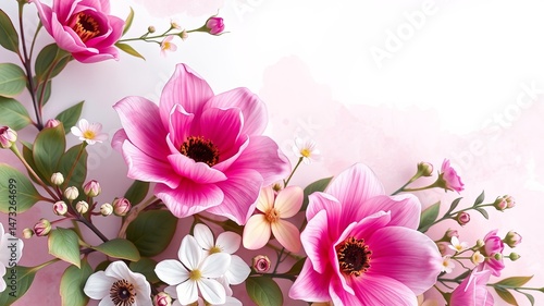 Fototapeta Naklejka Na Ścianę i Meble -  Delicate pink and white sugar flowers arranged artistically on a soft pink watercolor background creating a beautiful floral composition perfect for