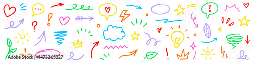 Line marker hand color brush icon set. Arrow stroke sketch pencil underline drawn element colorful shape for text design. Hand drawn heart crown star symbol with playful doodle. Vector illustration