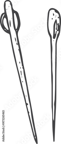 Needle with thread illustration, a fundamental sewing tool for stitching fabric, shown in a vintage sketch style, ideal for dressmaking and crafting projects on a white background