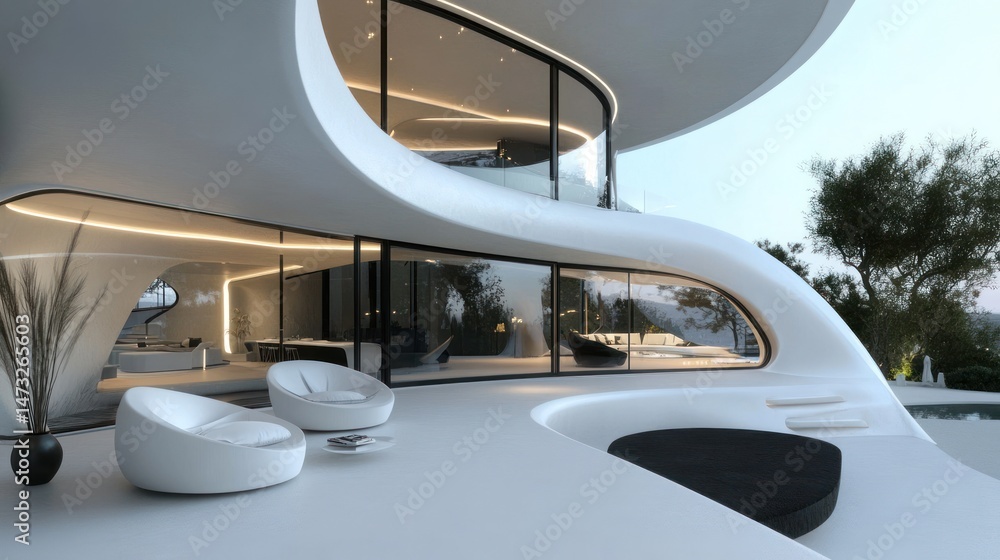 Fototapeta premium Futuristic architectural marvel: a modern home with smooth lines and curves