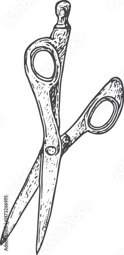 Large tailor scissors illustration, a sharp tool for cutting fabric, depicted in a vintage sketch style, perfect for sewing, dressmaking, and crafting projects on a white background