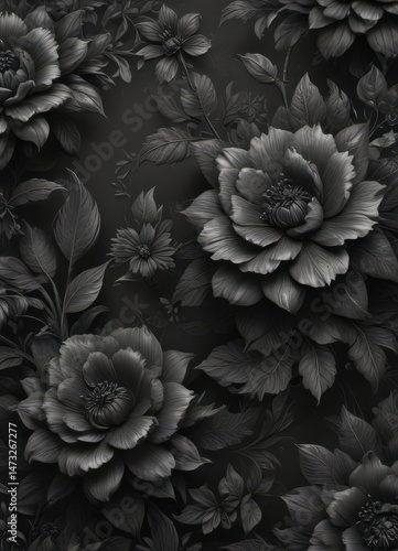 Intricate charcoal floral wallpaper, elegant & rich texture  , flowers, background