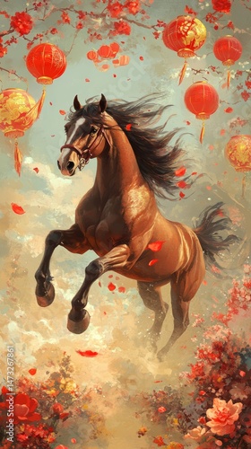 Create a vibrant scene for Chinese New Year featuring the Shio Horse, galloping through a festive landscape adorned with traditional decorations like red lanterns and blooming flowers