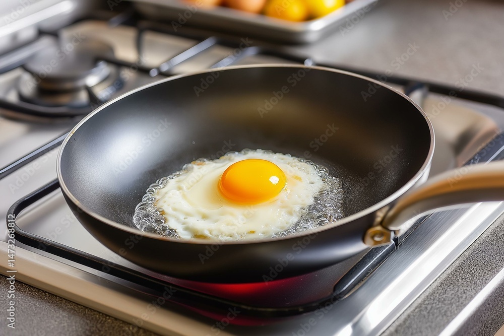 A freshly cracked egg frying in a non-stick pan, capturing the essence of a delicious breakfast preparation. A freshly cracked egg frying in a non-stick pan, capturing the essence of a delicious breakfast preparation.