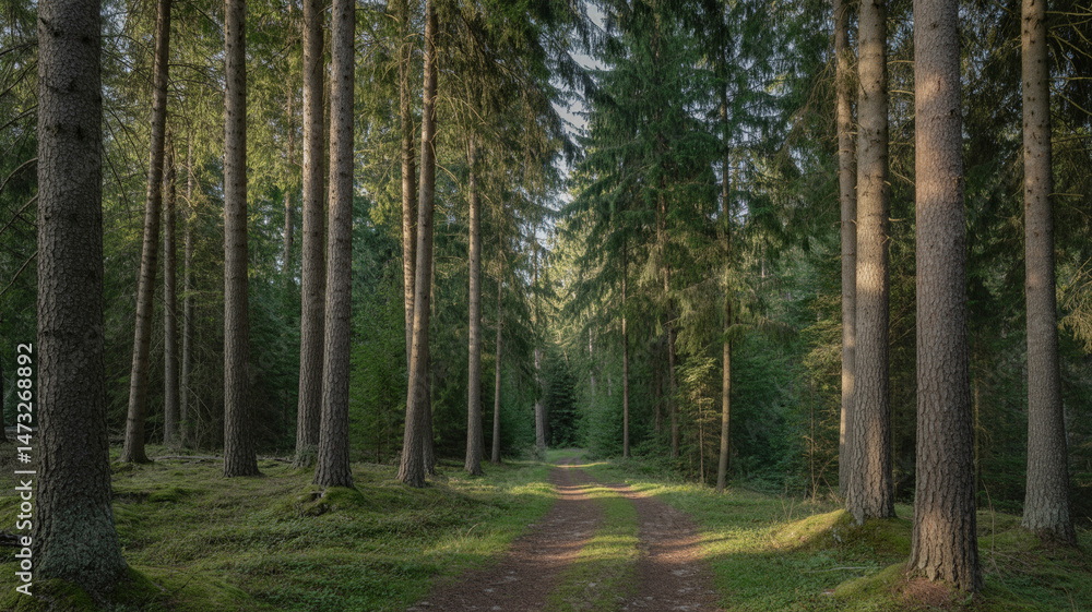 Obraz premium Sunlight illuminating a pathway through a lush green forest with tall evergreen trees.