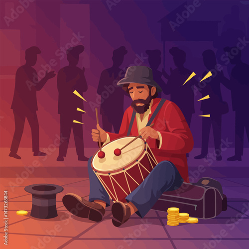 Man Playing Drum for Audience with Hat and Money Illustration
