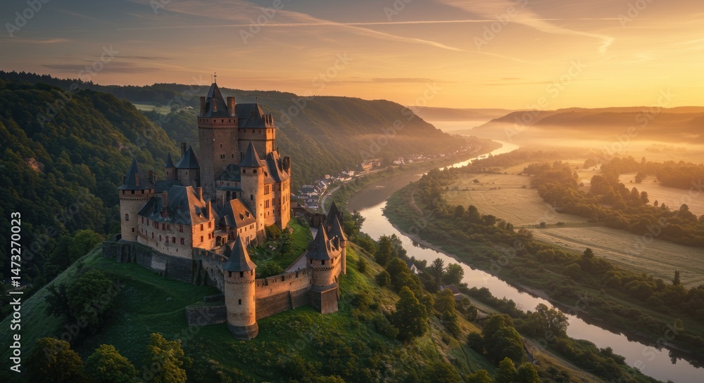 Fairytale Castle on Hill Overlooking River at Sunrise Fairytale Castle on Hill Overlooking River at Sunrise
