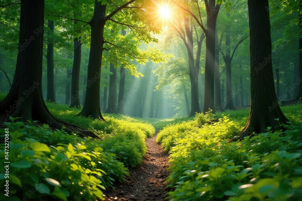 Naklejka premium Sun-dappled forest floor, lush green foliage, sunlight filtering through trees , botanical, wildlife, woods