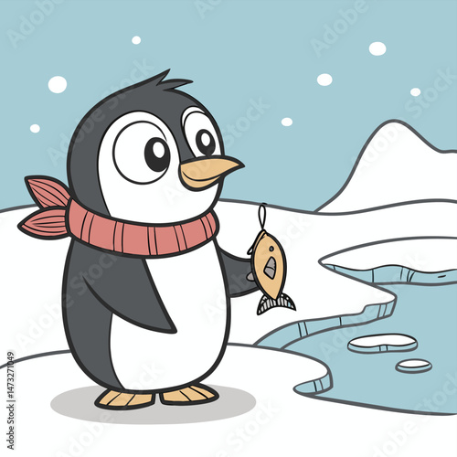 Cheerful cartoon penguin holding a fish standing on an ice floe in a winter scene
