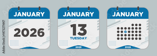 Modern Calendar icon. January. 2026 13 day. The concept of waiting for an important date. Day calendar with date January 13. Cheklist day calendar. Vector illustration.