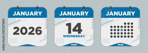 Modern Calendar icon. January. 2026 14 day. The concept of waiting for an important date. Day calendar with date January 14. Cheklist day calendar. Vector illustration.
