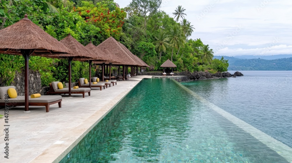 Obraz premium Luxury Tropical Resort Infinity Pool with Thatched Umbrellas