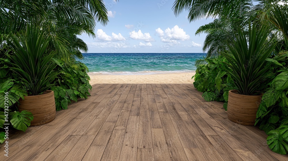 Fototapeta premium Sandy Pathway to Tropical Beach with Lush Greenery