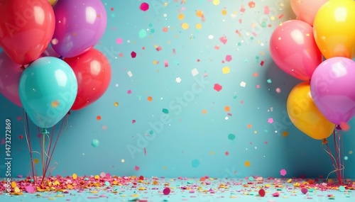 Festive confetti and balloons create a vibrant celebratory backdrop , fete, colorful balloons, decoration