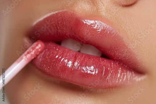 Close-up of moisturizing lip gloss being applied for a radiant finish.