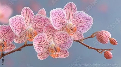 Delicate pink orchids with striped petals bloom on a branch, exhibiting subtle peach centers and unopened buds against a soft, blurred background