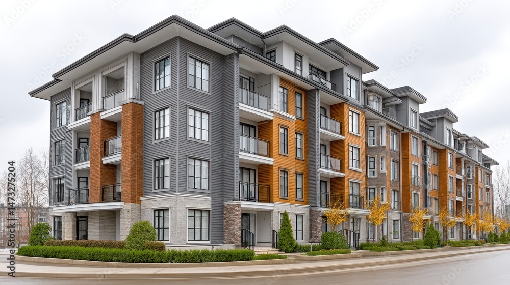 Contemporary Apartment Building Exterior in Gray, Orange, and Brown Contemporary Apartment Building Exterior in Gray, Orange, and Brown