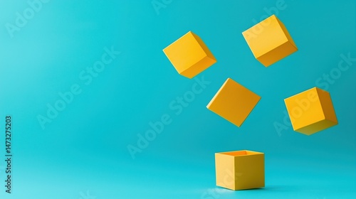 Four yellow cubes appear to float above an open yellow box on a bright blue background.