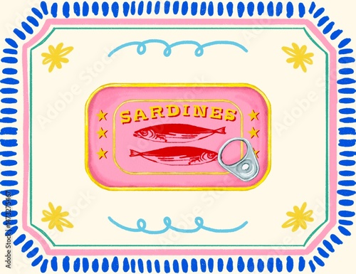 illustration of Canned food, canned fish, sardines, mackerel, hand drawn, poster, print, summer, tropical