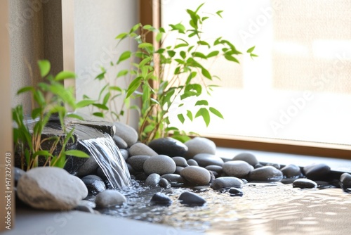 A serene feng shui corner with water feature, river stones, and plant to balance chi energy