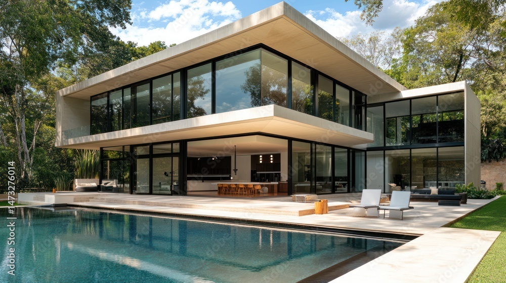 Contemporary geometric home design with poolside oasis and surrounding landscape Contemporary geometric home design with poolside oasis and surrounding landscape