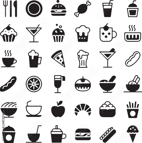 Kitchen Utensil Icons: A set of neatly arranged icons depicting various kitchen utensils. Perfect for culinary projects, cooking-related designs.