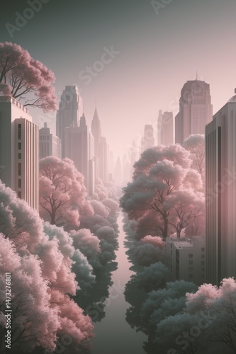 A city with a river running through it and trees on both sides