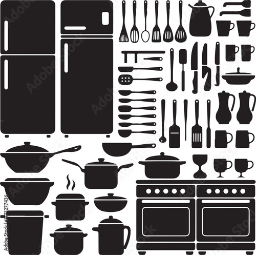 Kitchen Utensil Icons: A set of neatly arranged icons depicting various kitchen utensils. Perfect for culinary projects, cooking-related designs.