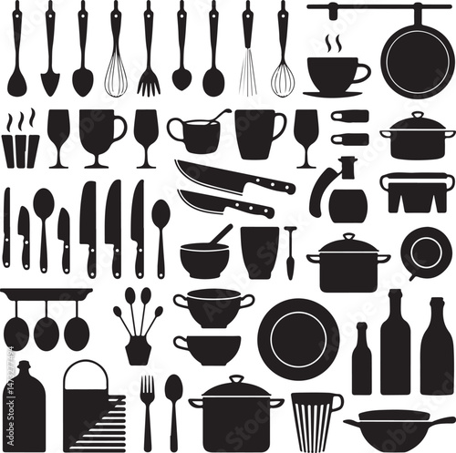 Kitchen Utensil Icons: A set of neatly arranged icons depicting various kitchen utensils. Perfect for culinary projects, cooking-related designs.